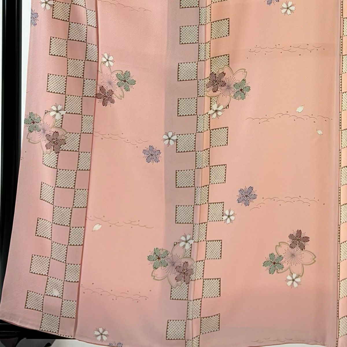 小紋 身長160cm 袖長66.5cm M 雙層 樱花 市松樹紋 金銀彩 粉紅 純蠶絲 優品級