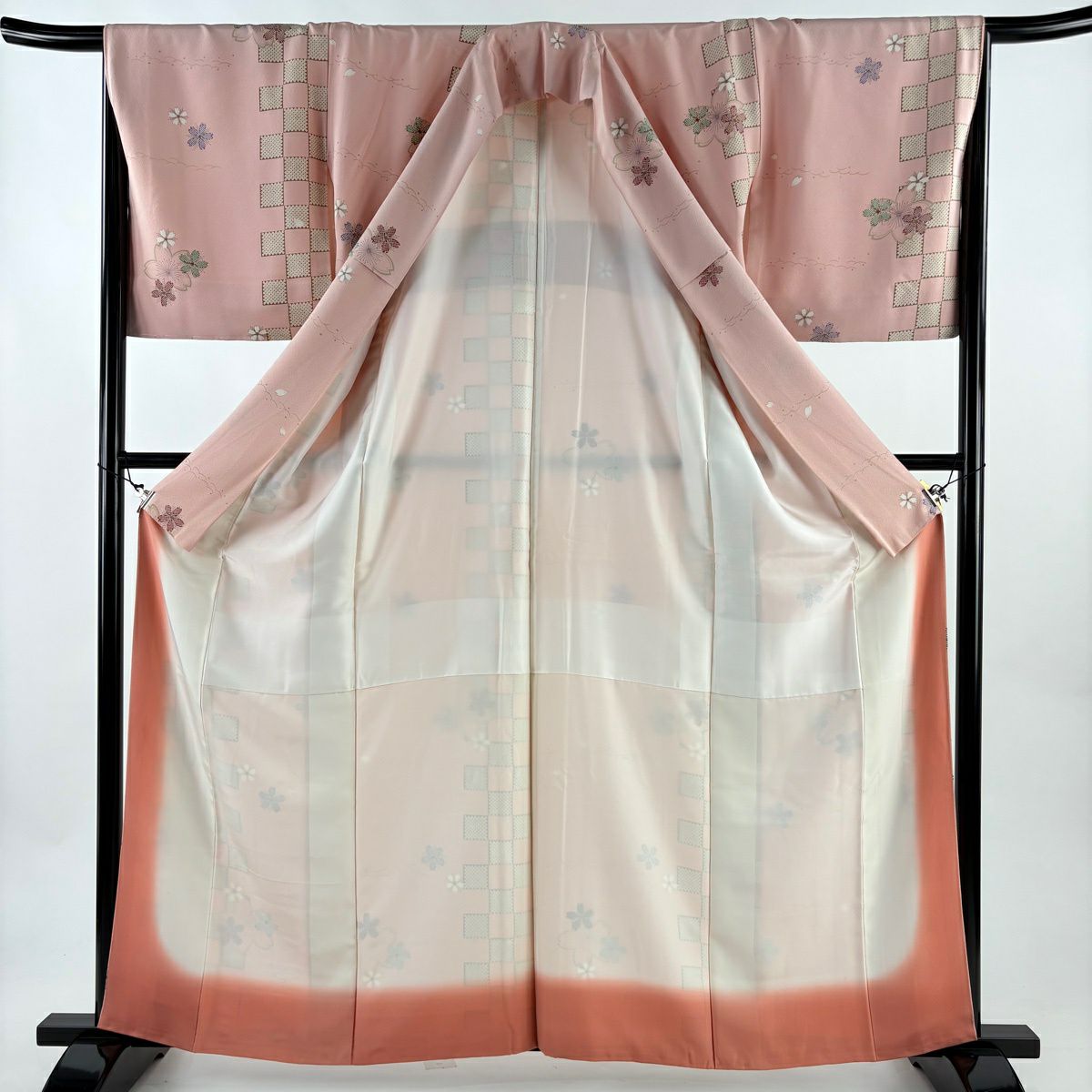 小紋 身長160cm 袖長66.5cm M 雙層 樱花 市松樹紋 金銀彩 粉紅 純蠶絲 優品級