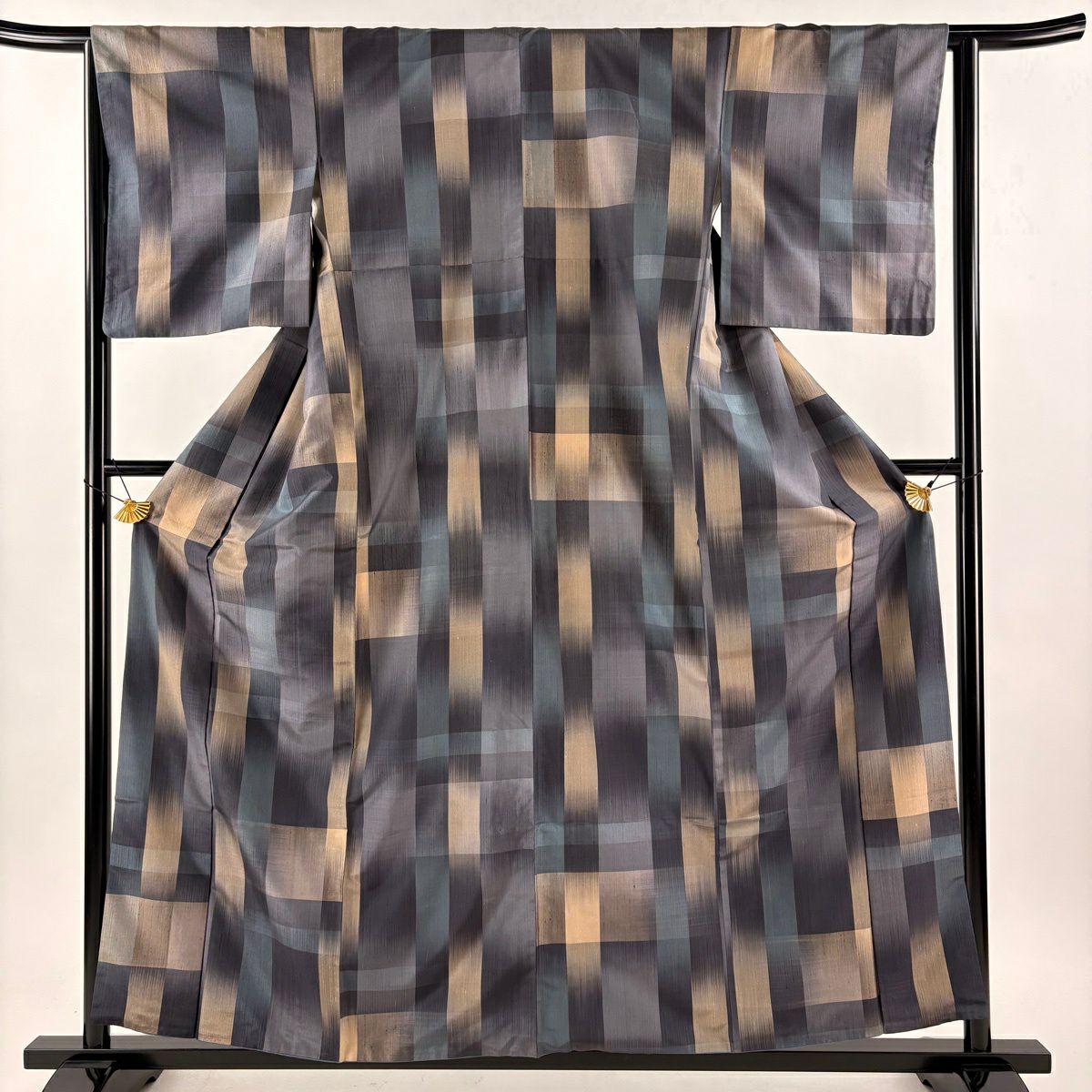 【美品】 紬織 身長158.5cm 袖長64.5cm M 雙層 幾何學 青灰 純蠶絲 秀品級
