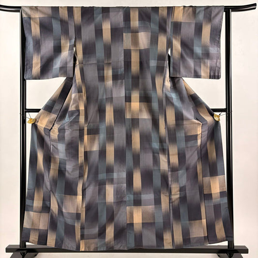 【美品】 紬織 身長158.5cm 袖長64.5cm M 雙層 幾何學 青灰 純蠶絲 秀品級