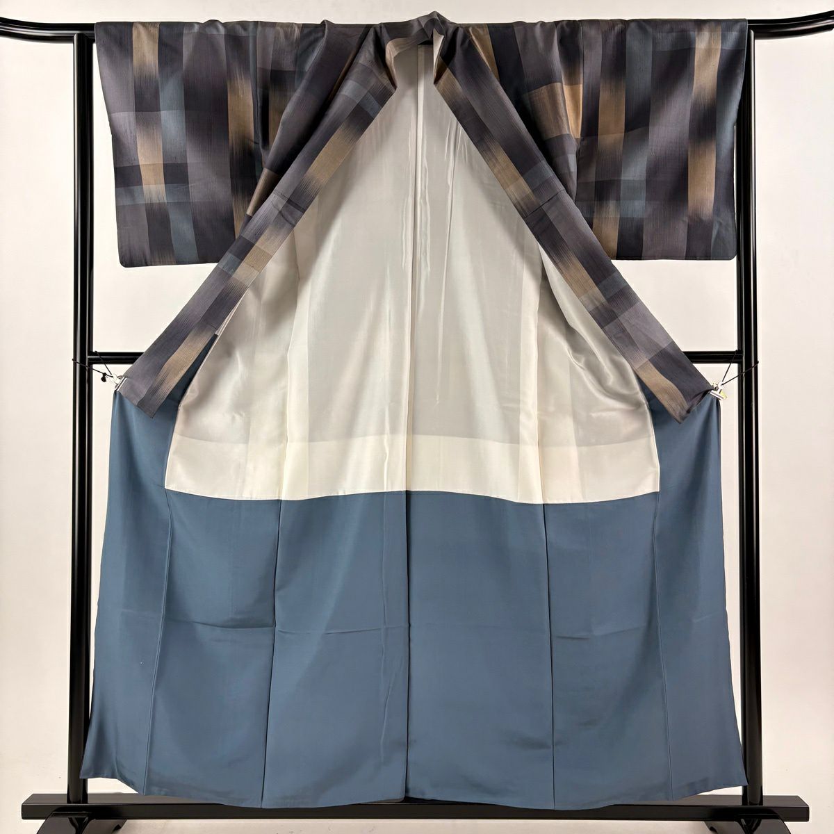 【美品】 紬織 身長158.5cm 袖長64.5cm M 雙層 幾何學 青灰 純蠶絲 秀品級