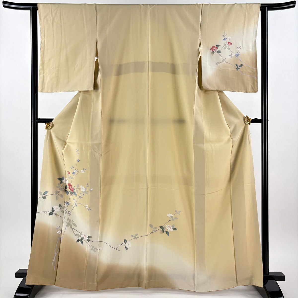 【美品】 付下 身長165.5cm 袖長63cm S 雙層 枝花 染分 ぼかし 米色 純蠶絲 秀品級
