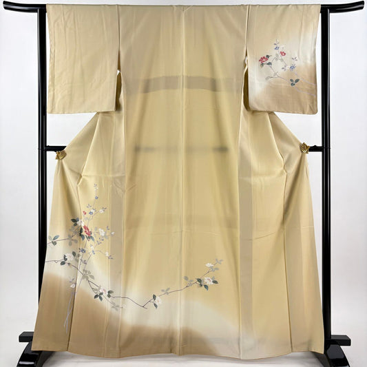【美品】 付下 身長165.5cm 袖長63cm S 雙層 枝花 染分 ぼかし 米色 純蠶絲 秀品級