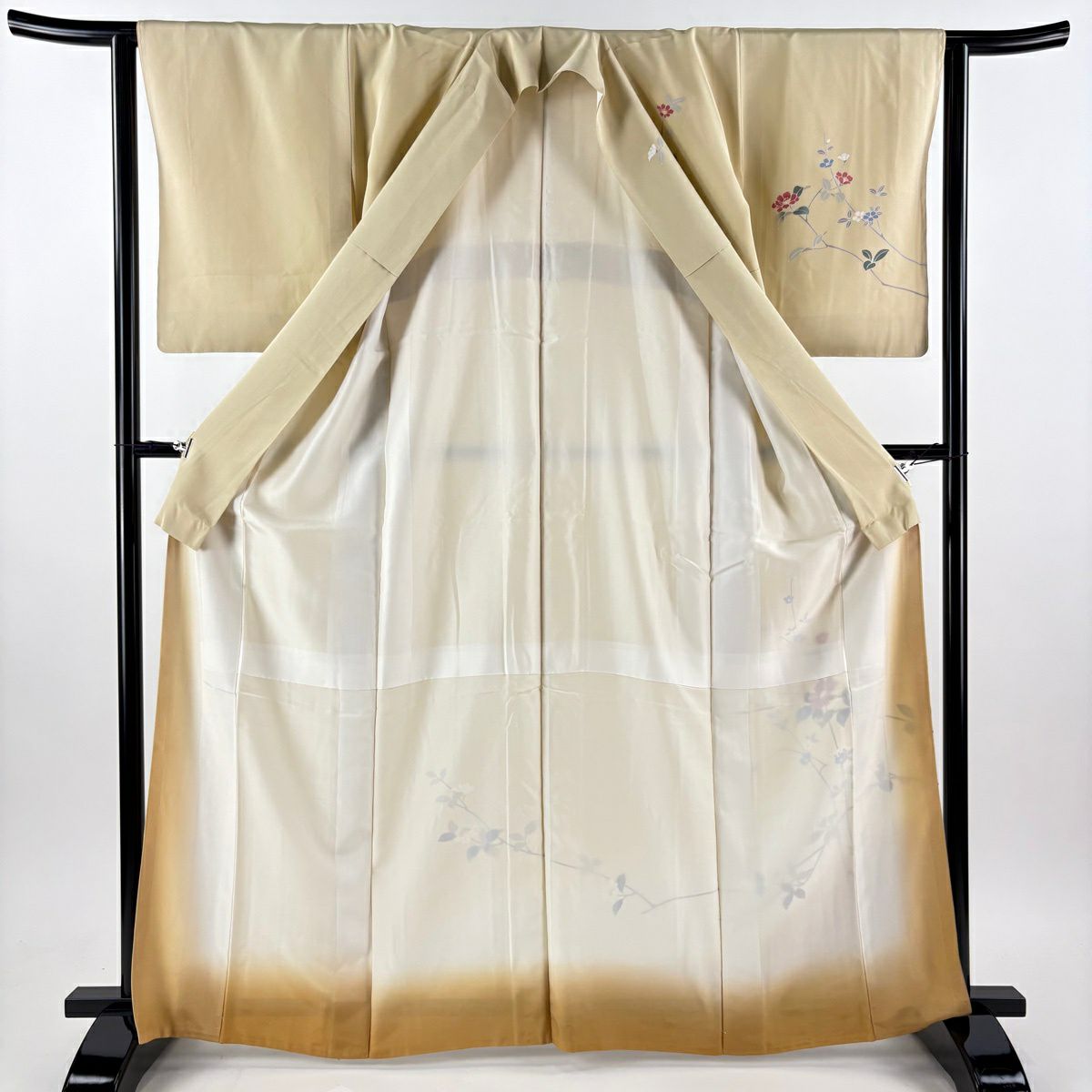 【美品】 付下 身長165.5cm 袖長63cm S 雙層 枝花 染分 ぼかし 米色 純蠶絲 秀品級