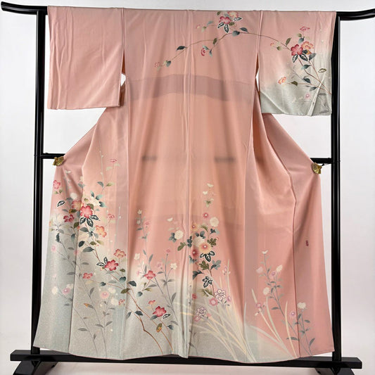 【美品】訪問服 身長156.5cm 袖長63.5cm S 雙層 落款あり 枝花 草花紋紋 染分 ぼかし 粉紅 純蠶絲 秀品級