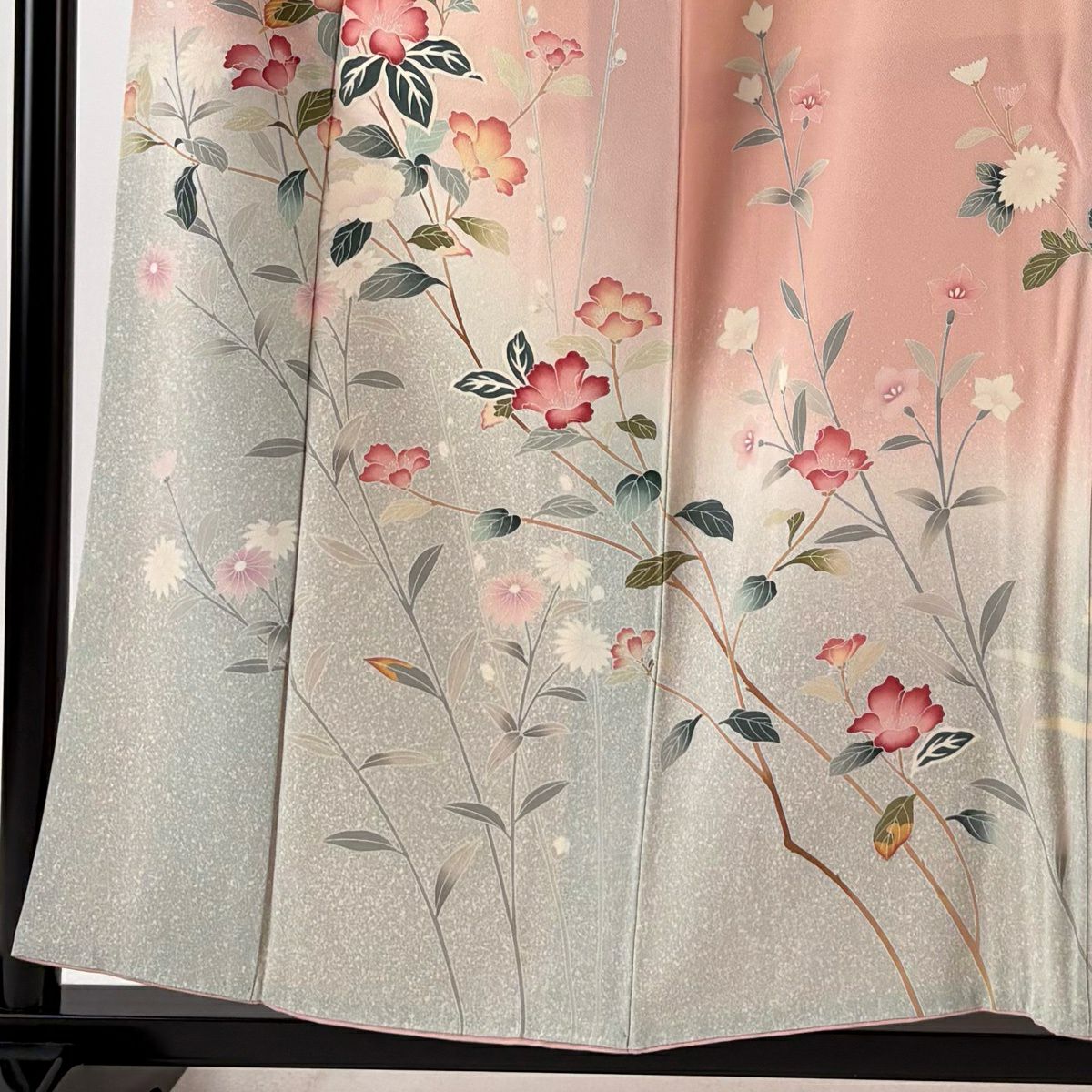 【美品】訪問服 身長156.5cm 袖長63.5cm S 雙層 落款あり 枝花 草花紋紋 染分 ぼかし 粉紅 純蠶絲 秀品級