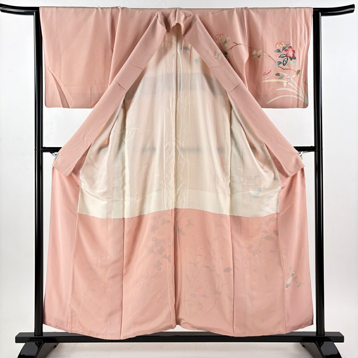 【美品】訪問服 身長156.5cm 袖長63.5cm S 雙層 落款あり 枝花 草花紋紋 染分 ぼかし 粉紅 純蠶絲 秀品級