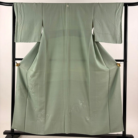 付下 身長156cm 袖長63.5cm S 雙層 華紋 草花紋紋 蘇州刺繡 薄綠 純蠶絲 秀品級 一つ紋