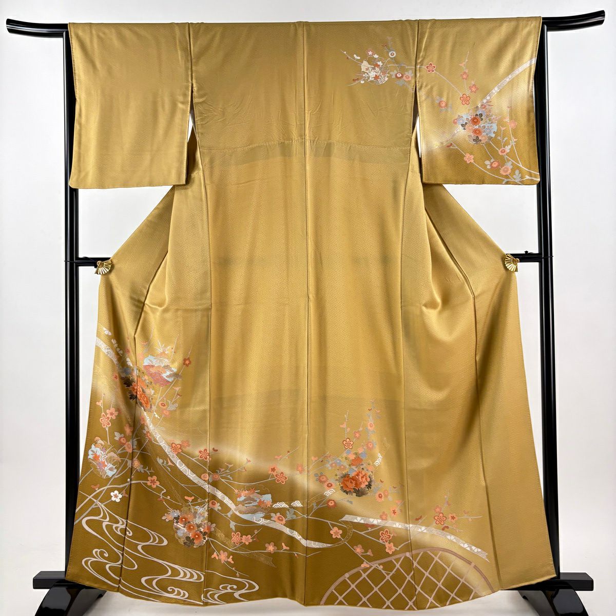 訪問服 身長162cm 袖長65cm M 雙層 草花紋紋 雪輪 金彩裝飾 漸層 黃土 純蠶絲 優品級