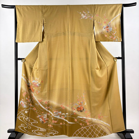 訪問服 身長162cm 袖長65cm M 雙層 草花紋紋 雪輪 金彩裝飾 漸層 黃土 純蠶絲 優品級