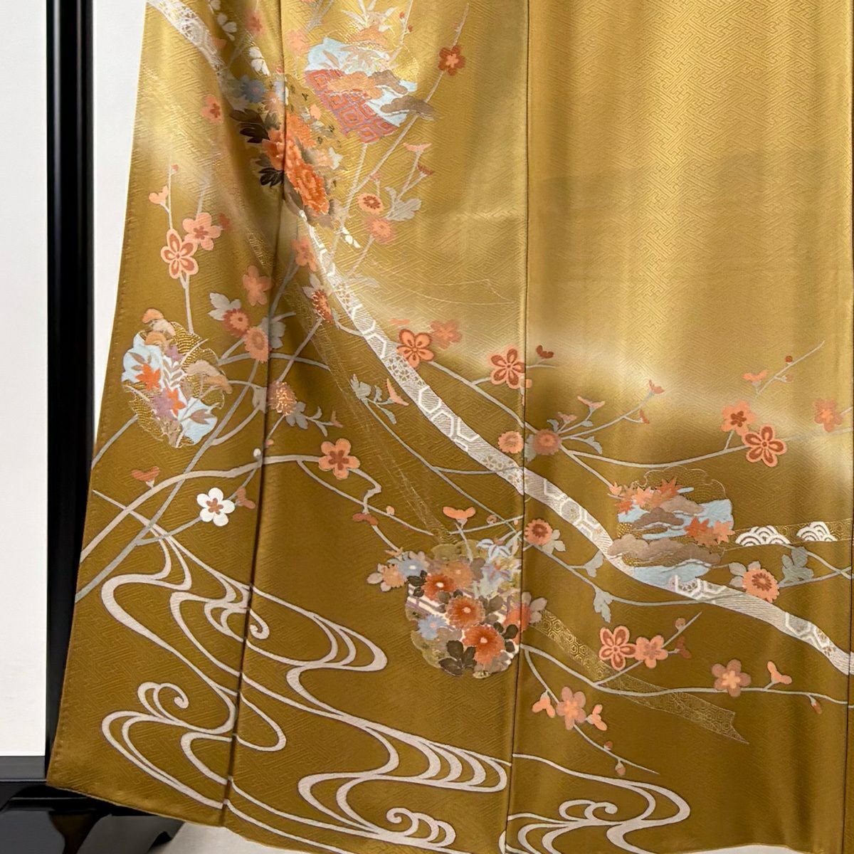 訪問服 身長162cm 袖長65cm M 雙層 草花紋紋 雪輪 金彩裝飾 漸層 黃土 純蠶絲 優品級