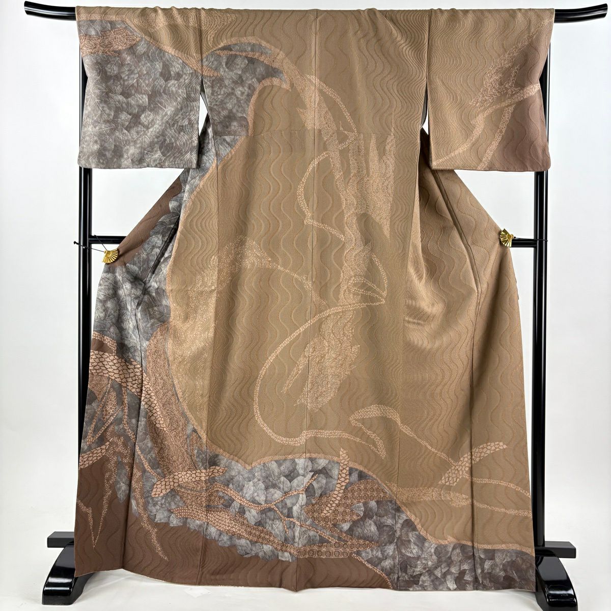 【美品】訪問服 身長169cm 袖長69.5cm L 雙層 葉柄 よろけ縞 茶 純蠶絲 秀品級
