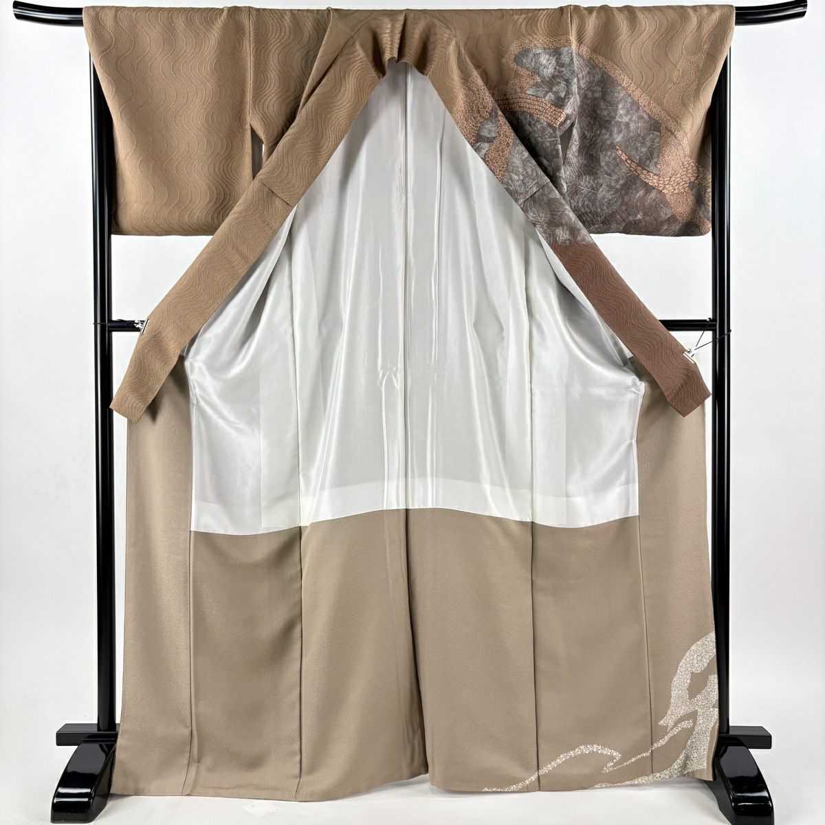 【美品】訪問服 身長169cm 袖長69.5cm L 雙層 葉柄 よろけ縞 茶 純蠶絲 秀品級