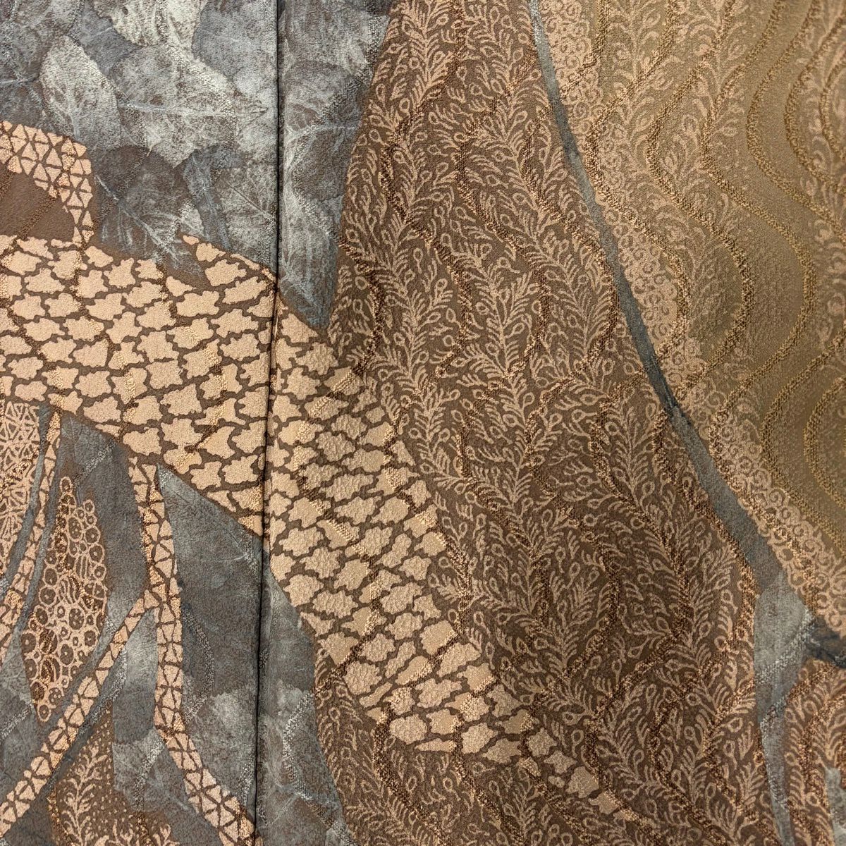 【美品】訪問服 身長169cm 袖長69.5cm L 雙層 葉柄 よろけ縞 茶 純蠶絲 秀品級