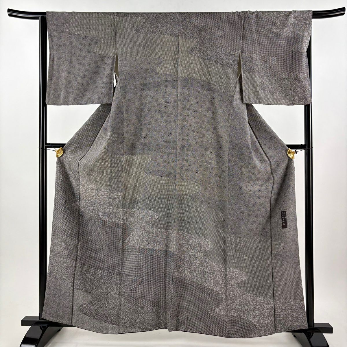 【美品】訪問服 身長161.5cm 袖長66cm M 雙層 六谷博臣 落款あり 小花 霞 黑灰 純蠶絲 名品級