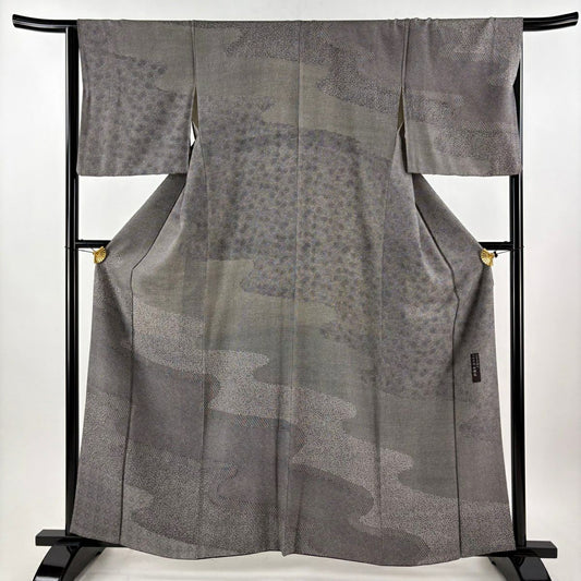 【美品】訪問服 身長161.5cm 袖長66cm M 雙層 六谷博臣 落款あり 小花 霞 黑灰 純蠶絲 名品級