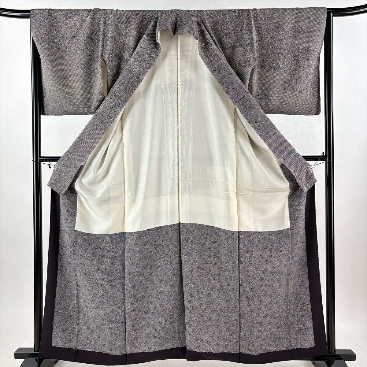 【美品】訪問服 身長161.5cm 袖長66cm M 雙層 六谷博臣 落款あり 小花 霞 黑灰 純蠶絲 名品級