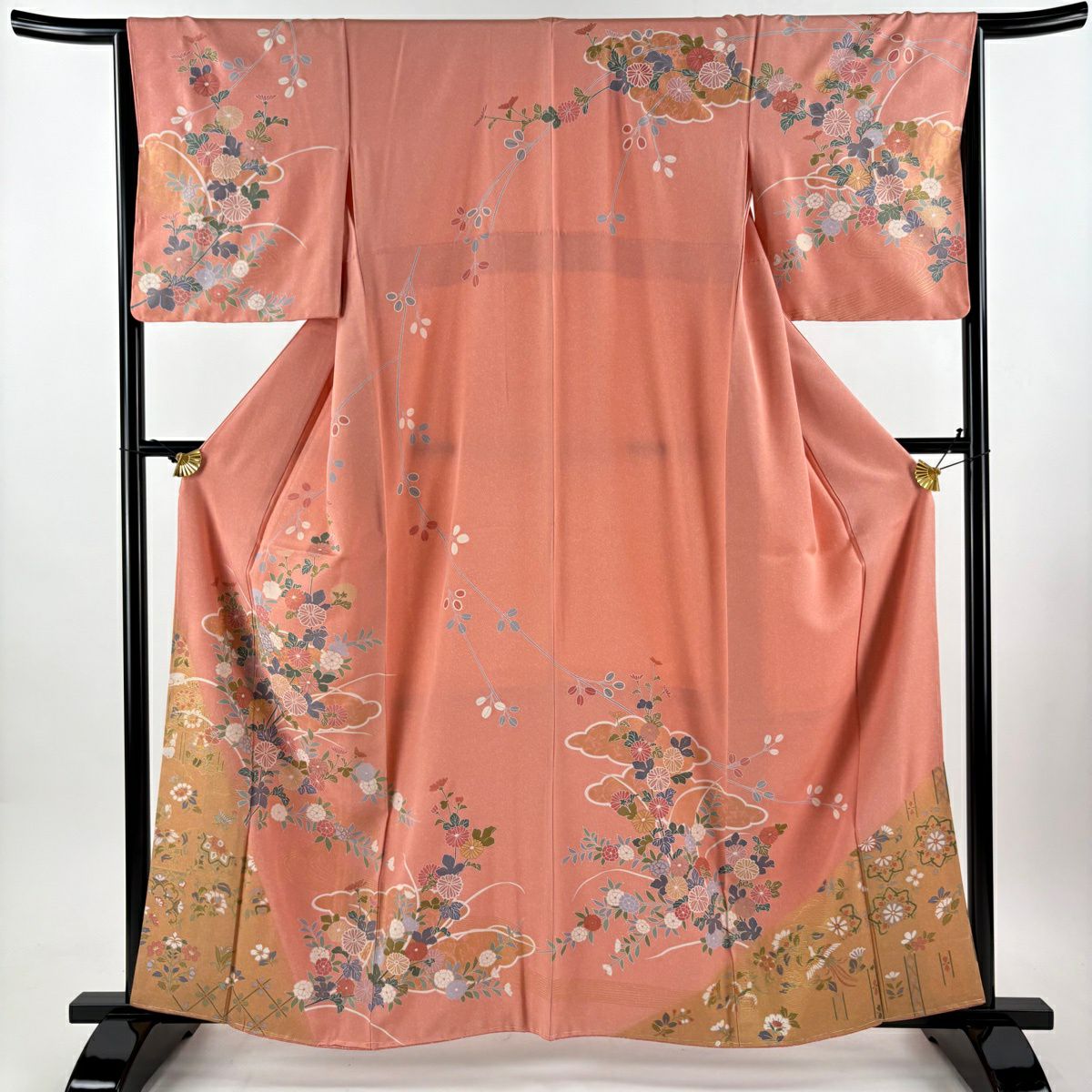 【美品】訪問服 身長161cm 袖長65.5cm M 雙層 草花紋紋 雲文 金彩裝飾 鮭粉色 純蠶絲 名品級