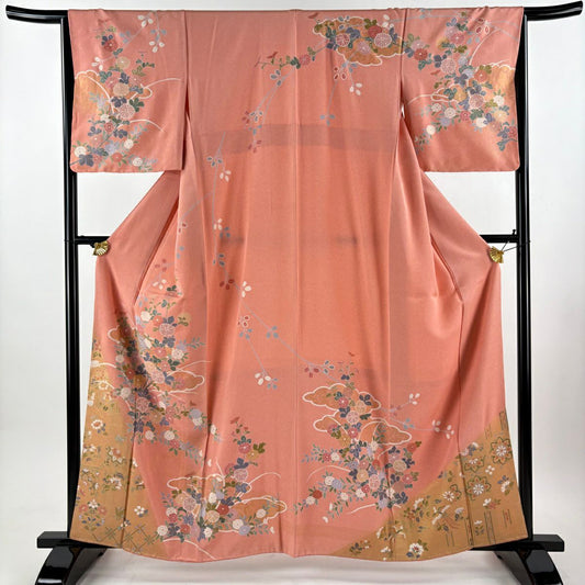 【美品】訪問服 身長161cm 袖長65.5cm M 雙層 草花紋紋 雲文 金彩裝飾 鮭粉色 純蠶絲 名品級