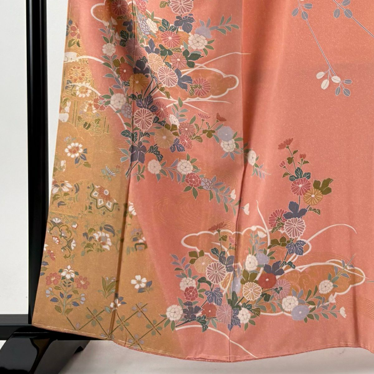 【美品】訪問服 身長161cm 袖長65.5cm M 雙層 草花紋紋 雲文 金彩裝飾 鮭粉色 純蠶絲 名品級