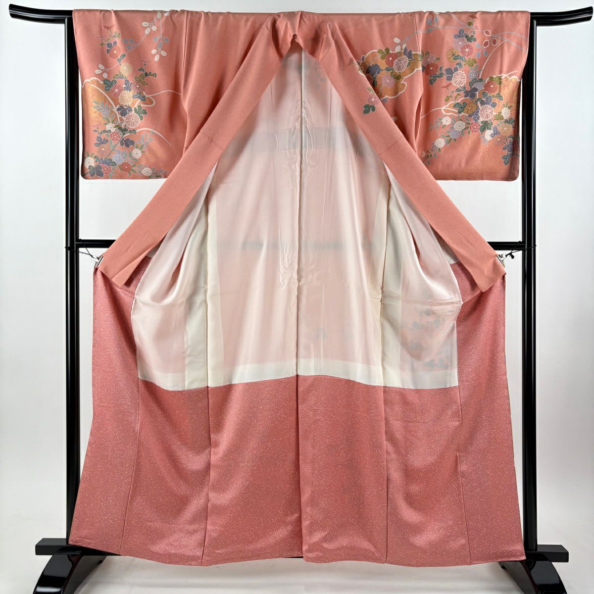 【美品】訪問服 身長161cm 袖長65.5cm M 雙層 草花紋紋 雲文 金彩裝飾 鮭粉色 純蠶絲 名品級