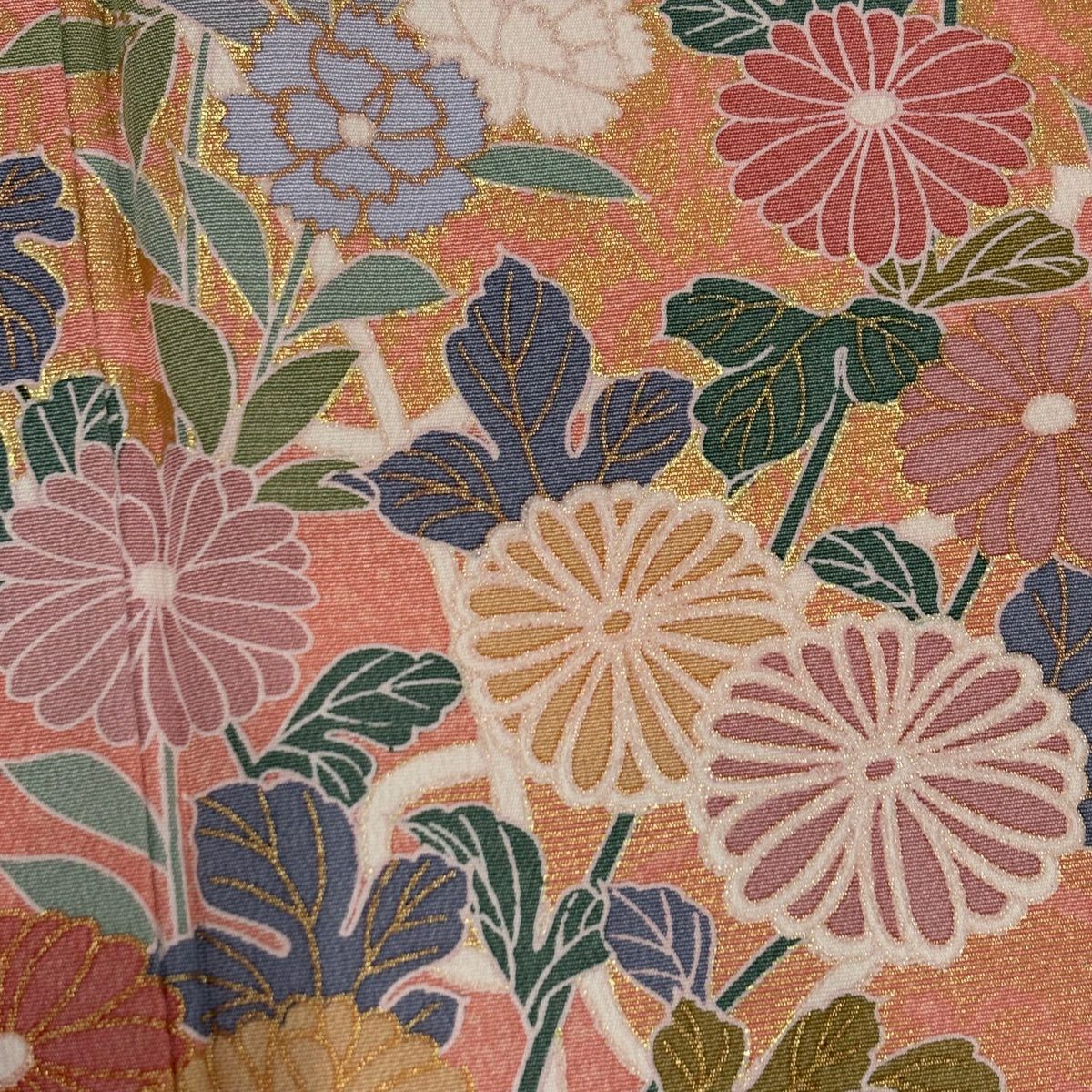 【美品】訪問服 身長161cm 袖長65.5cm M 雙層 草花紋紋 雲文 金彩裝飾 鮭粉色 純蠶絲 名品級