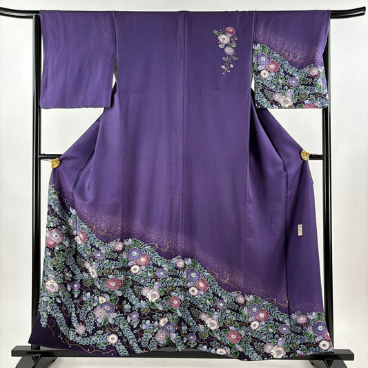 訪問服 身長157cm 袖長65cm M 雙層 落款 草花紋紋 金彩裝飾 紫 純蠶絲 名品級