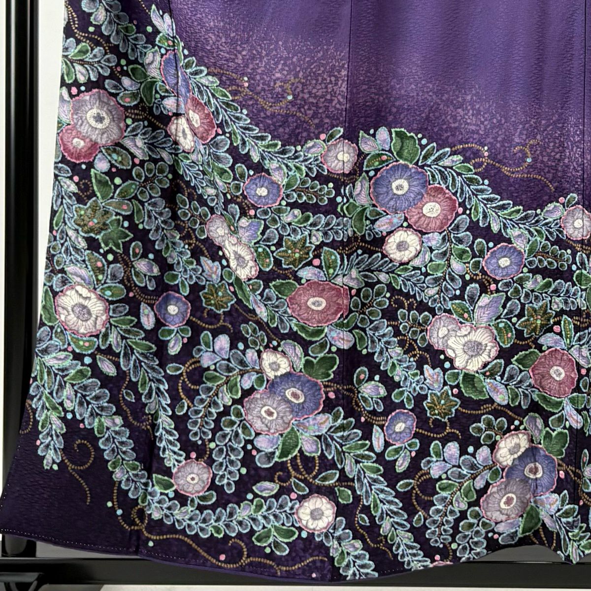 訪問服 身長157cm 袖長65cm M 雙層 落款 草花紋紋 金彩裝飾 紫 純蠶絲 名品級