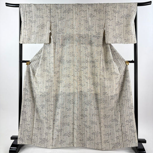 小紋 身長165cm 袖長67cm M 雙層 竹子條 紅奶油色 純蠶絲 名品級
