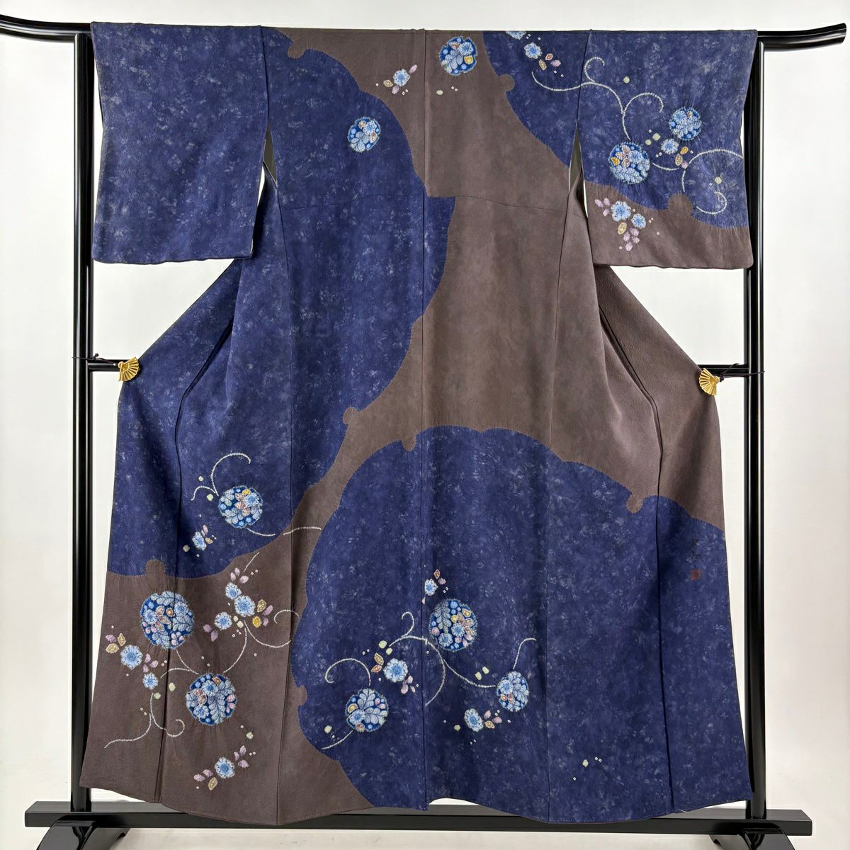 訪問服 身長156cm 袖長64.5cm M 雙層 落款あり 辻花染 雪輪 染分 青紫 純蠶絲 名品級