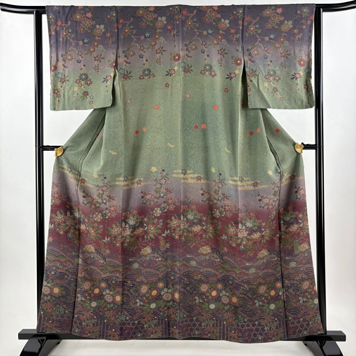 訪問服 身長158.5cm 袖長63cm S 雙層 落款あり 草花紋紋 文箱 染分 灰綠 純蠶絲 名品級