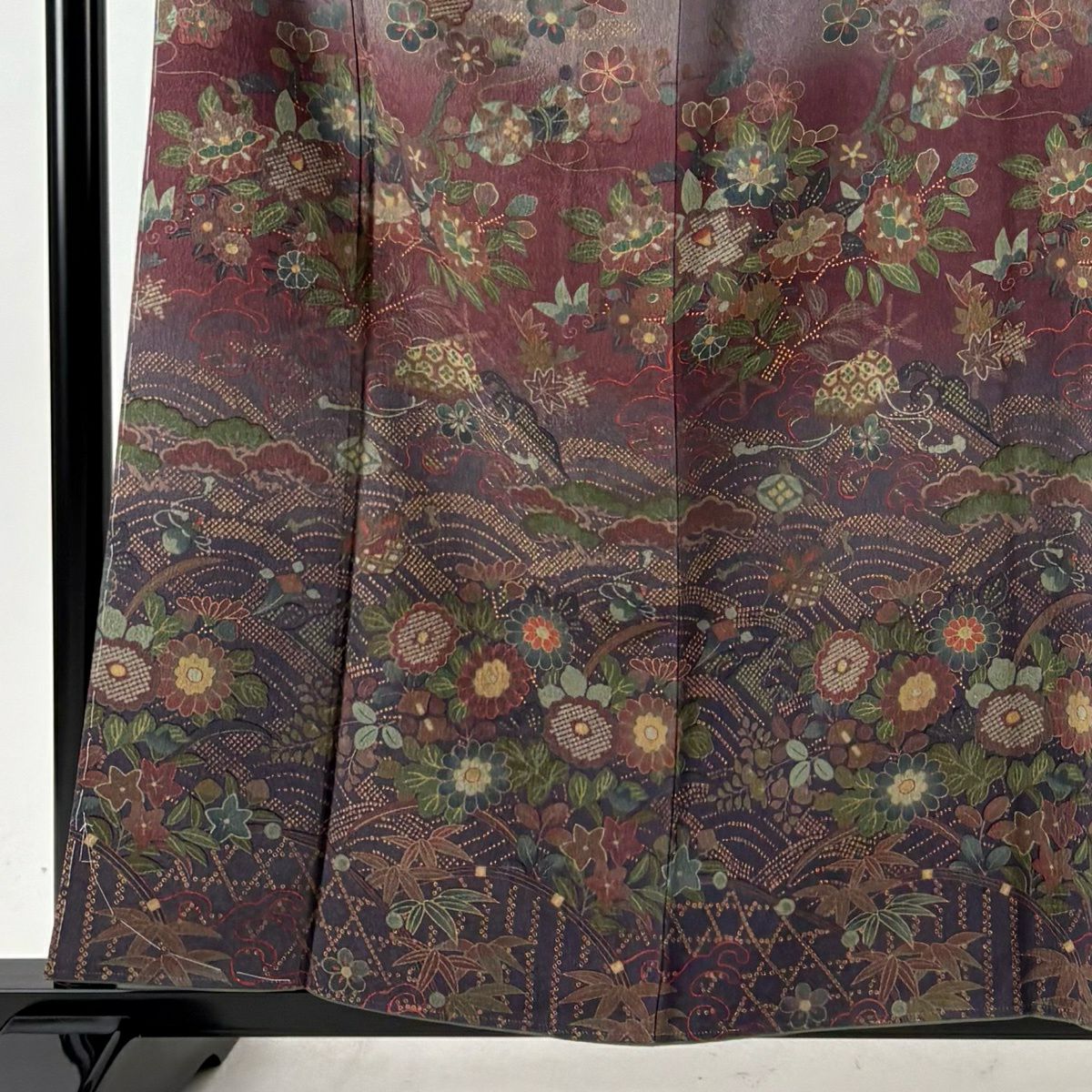 訪問服 身長158.5cm 袖長63cm S 雙層 落款あり 草花紋紋 文箱 染分 灰綠 純蠶絲 名品級