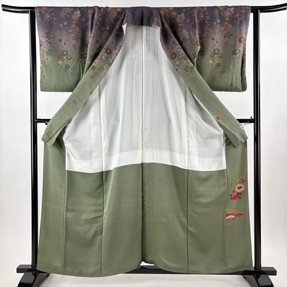 訪問服 身長158.5cm 袖長63cm S 雙層 落款あり 草花紋紋 文箱 染分 灰綠 純蠶絲 名品級