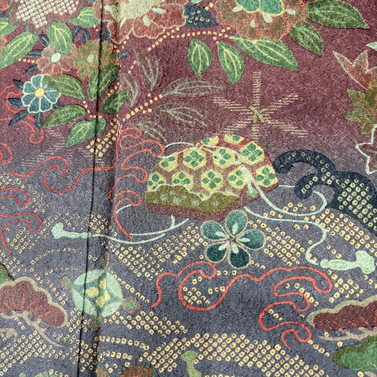 訪問服 身長158.5cm 袖長63cm S 雙層 落款あり 草花紋紋 文箱 染分 灰綠 純蠶絲 名品級