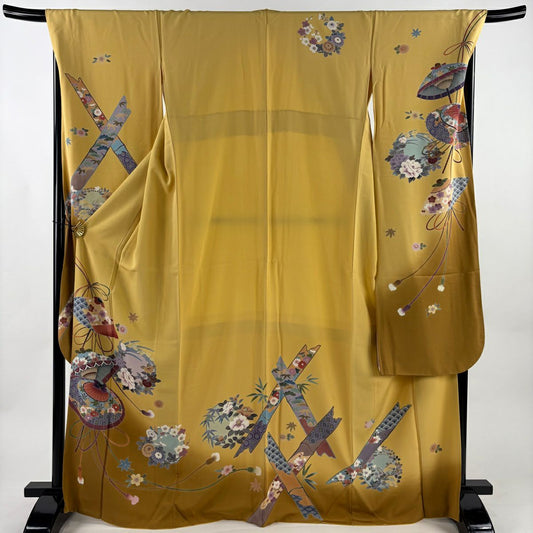 【美品】振袖禮服 身長168cm 袖長69cm L 雙層 落款有 花丸紋 番傘 漸層 山吹色 純蠶絲 名品級