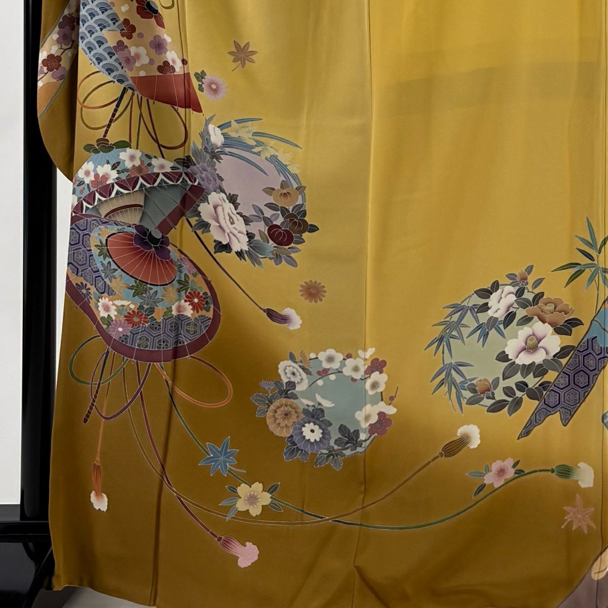【美品】振袖禮服 身長168cm 袖長69cm L 雙層 落款有 花丸紋 番傘 漸層 山吹色 純蠶絲 名品級