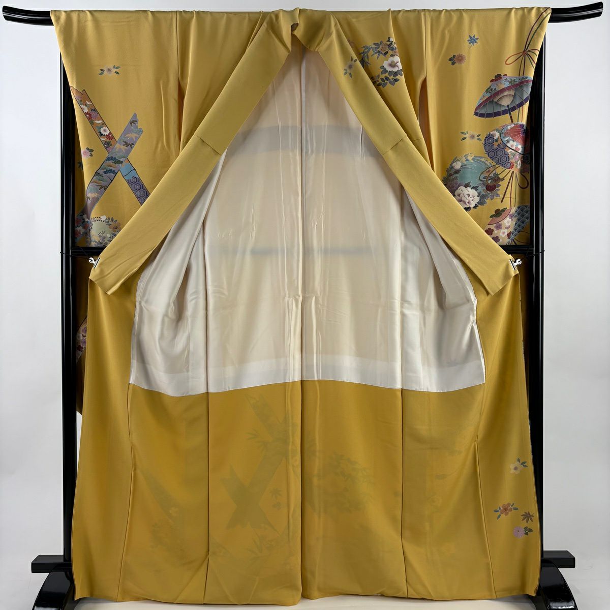 【美品】振袖禮服 身長168cm 袖長69cm L 雙層 落款有 花丸紋 番傘 漸層 山吹色 純蠶絲 名品級