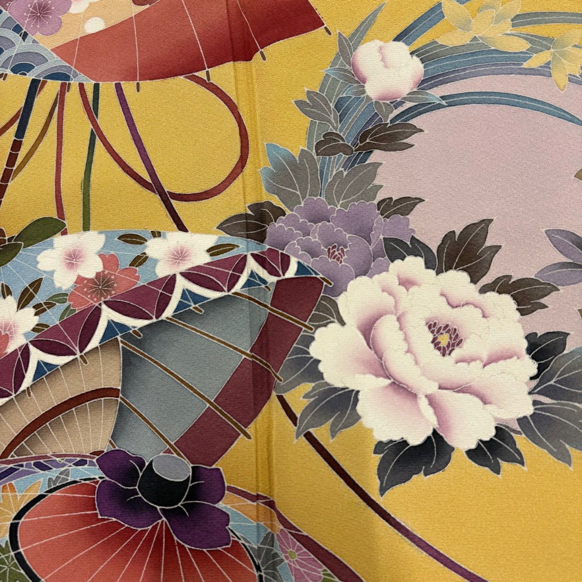 【美品】振袖禮服 身長168cm 袖長69cm L 雙層 落款有 花丸紋 番傘 漸層 山吹色 純蠶絲 名品級