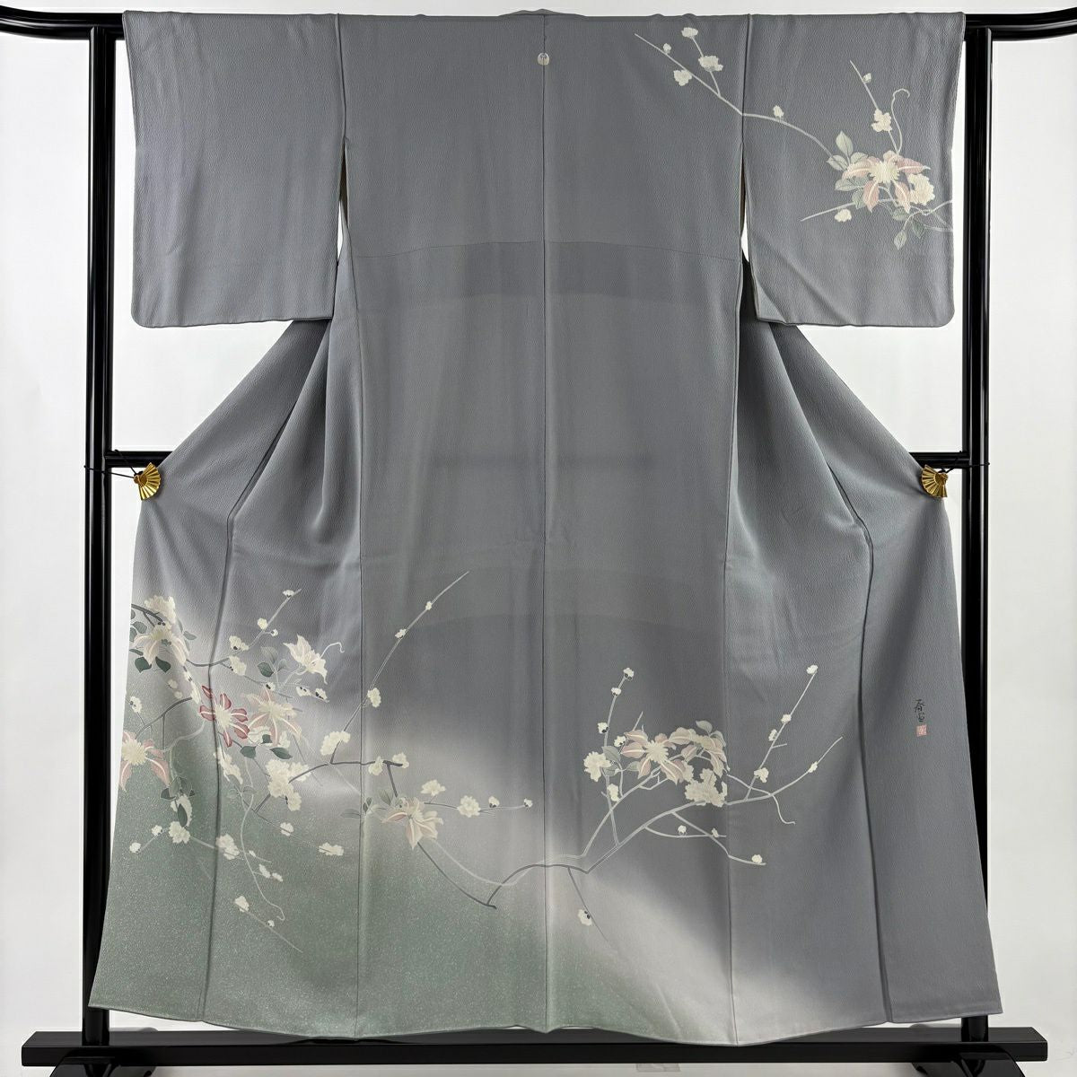 訪問服 身長155cm 袖長62cm S 雙層 山科春宣 枝花 漸層 灰 純蠶絲 名品級 一つ紋