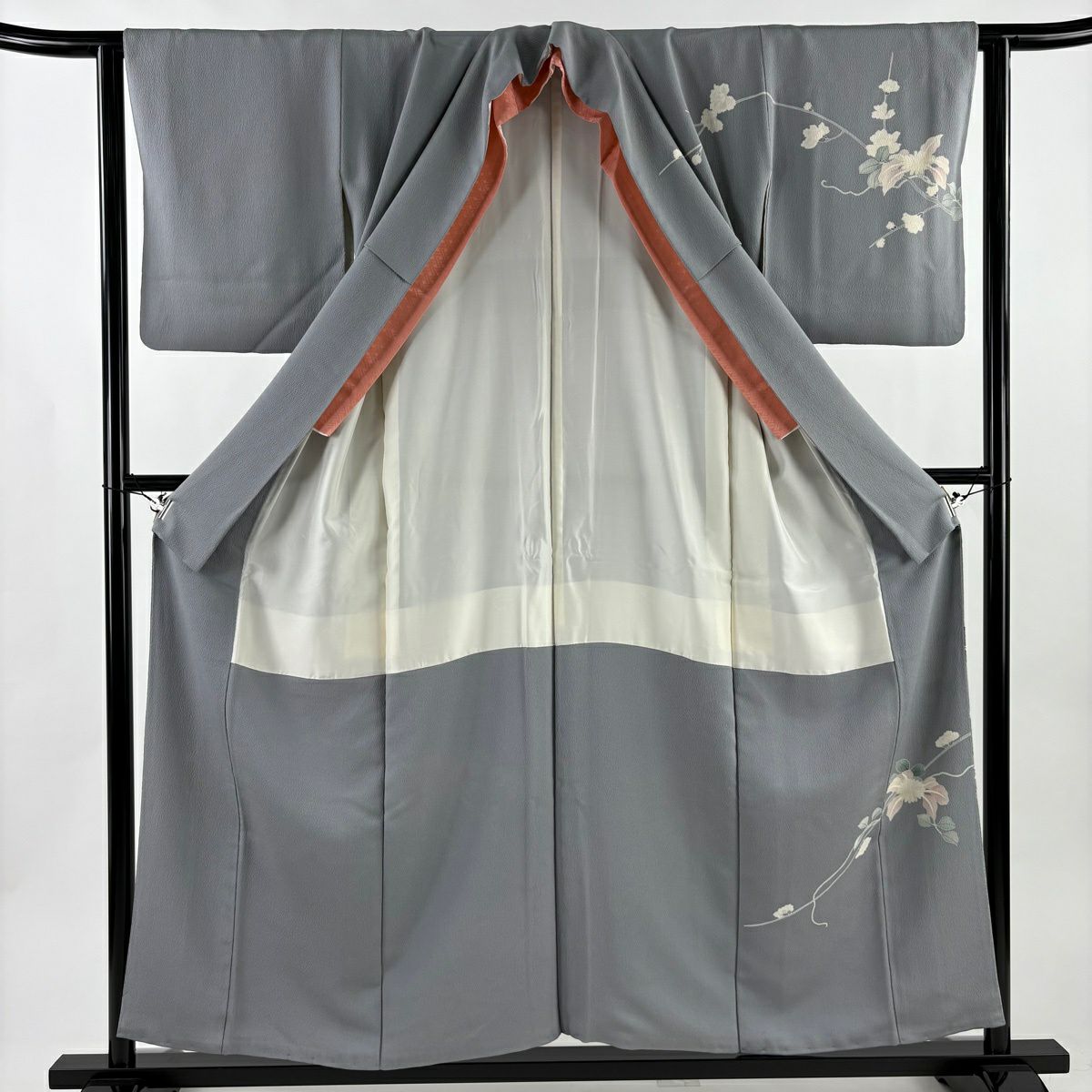 訪問服 身長155cm 袖長62cm S 雙層 山科春宣 枝花 漸層 灰 純蠶絲 名品級 一つ紋