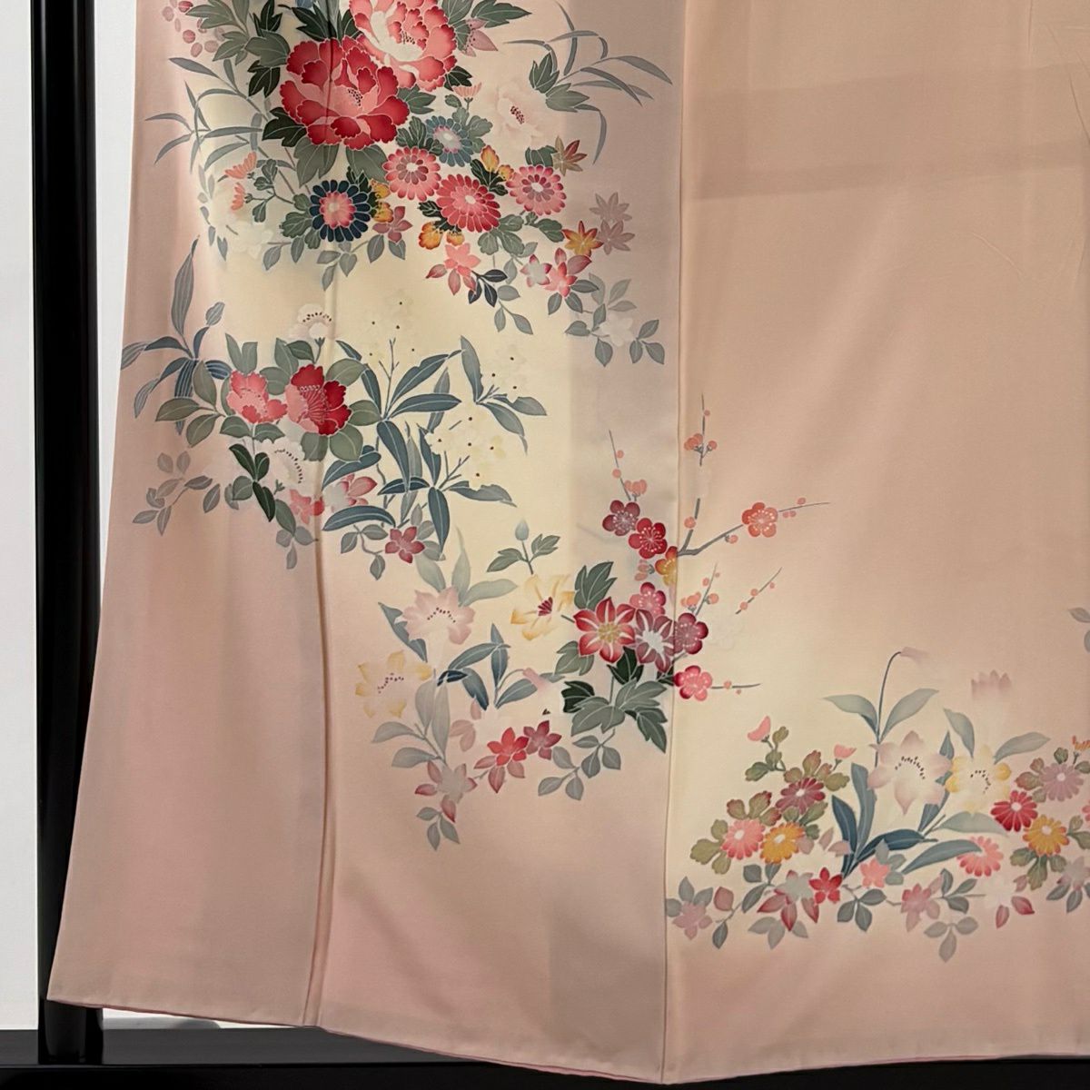 訪問服 身長159cm 袖長62cm S 雙層 落款 草花紋紋 漸層 淺粉色 純蠶絲 名品級