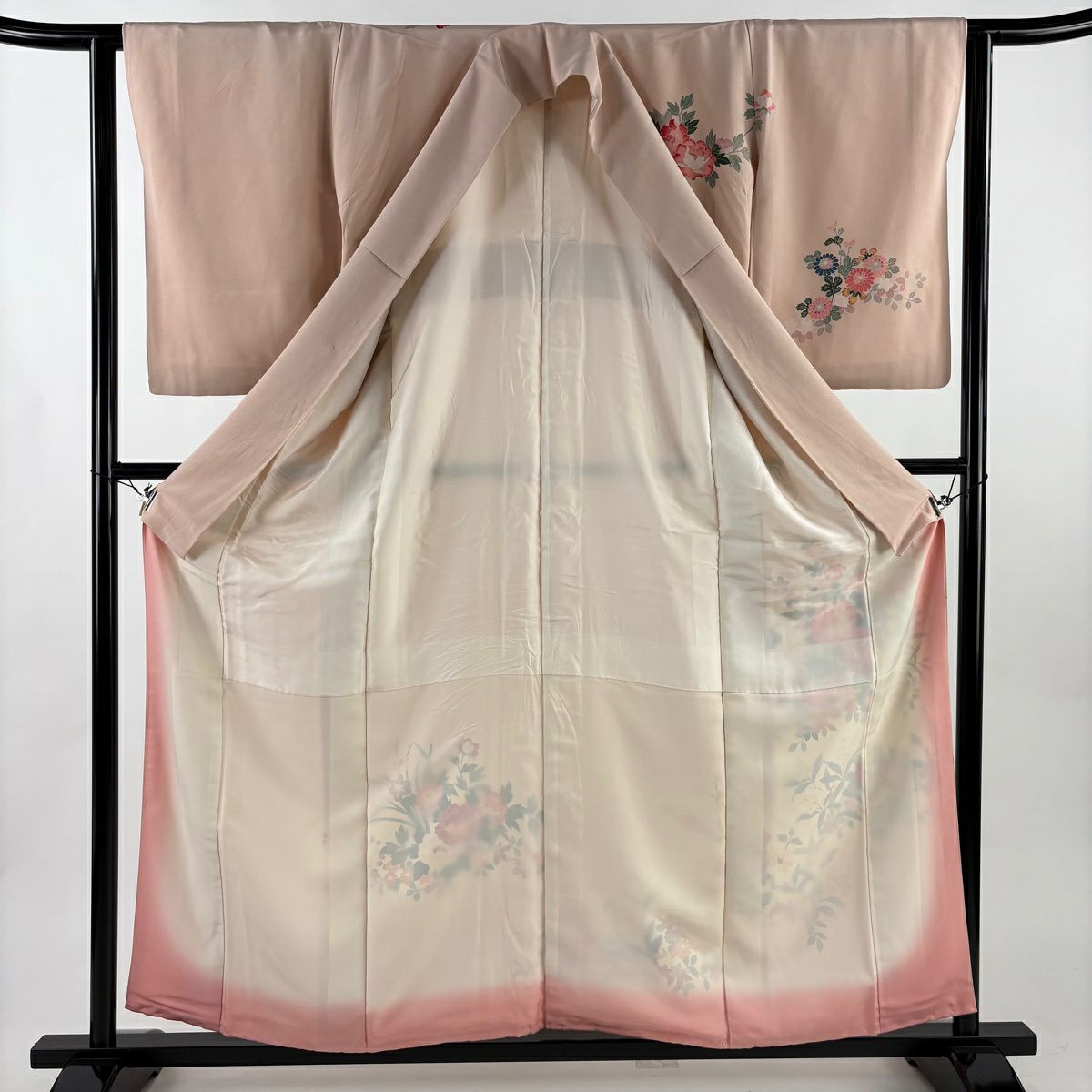 訪問服 身長159cm 袖長62cm S 雙層 落款 草花紋紋 漸層 淺粉色 純蠶絲 名品級