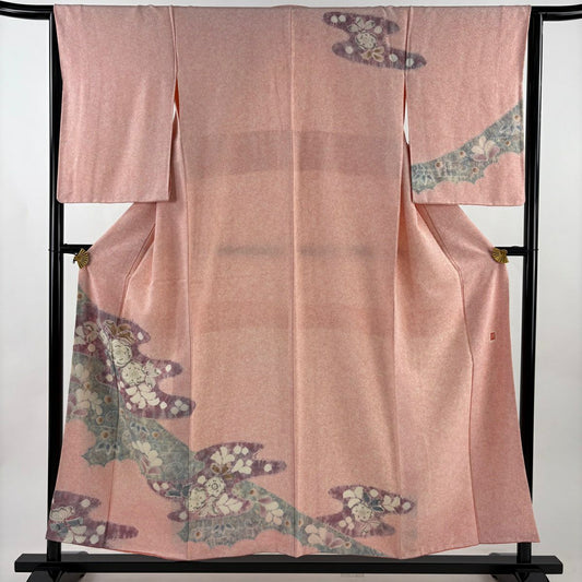 訪問服 身長154cm 袖長64cm M 雙層 滝泰 落款あり 辻花染 ヱ霞 絞染 粉紅 純蠶絲 名品級
