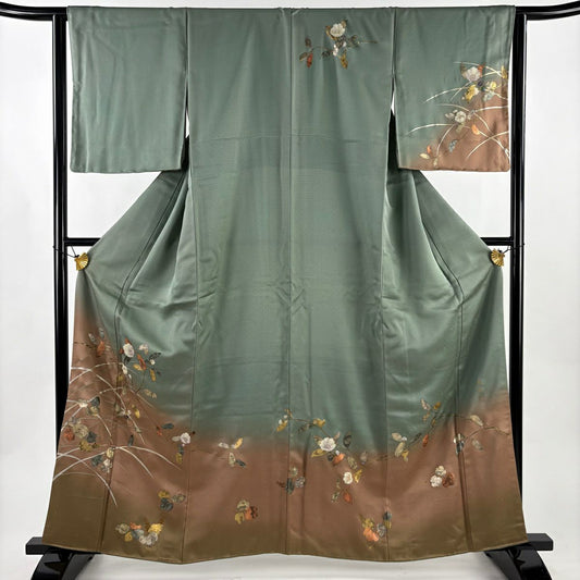 訪問服 身長162cm 袖長63cm S 雙層 落款 草花紋紋 金銀彩 螺鈿 灰綠 純蠶絲 名品級
