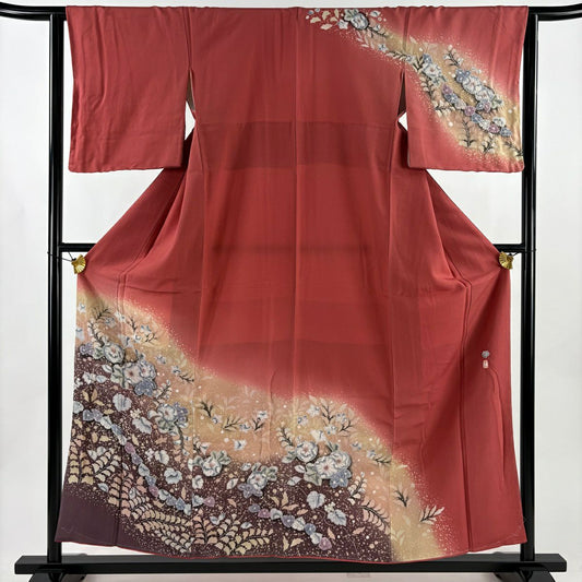 訪問服 身長156cm 袖長63cm S 雙層 落款あり 辻花染 ぼかし 濃粉紅 純蠶絲 名品級