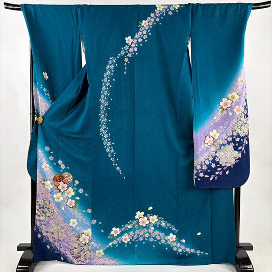 振袖禮服 身長169.5cm 袖長72cm L 雙層 手鞠 櫻花 金銀彩 漸層 青綠 純蠶絲 名品級