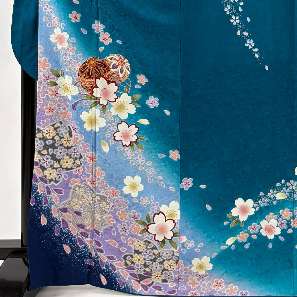 振袖禮服 身長169.5cm 袖長72cm L 雙層 手鞠 櫻花 金銀彩 漸層 青綠 純蠶絲 名品級