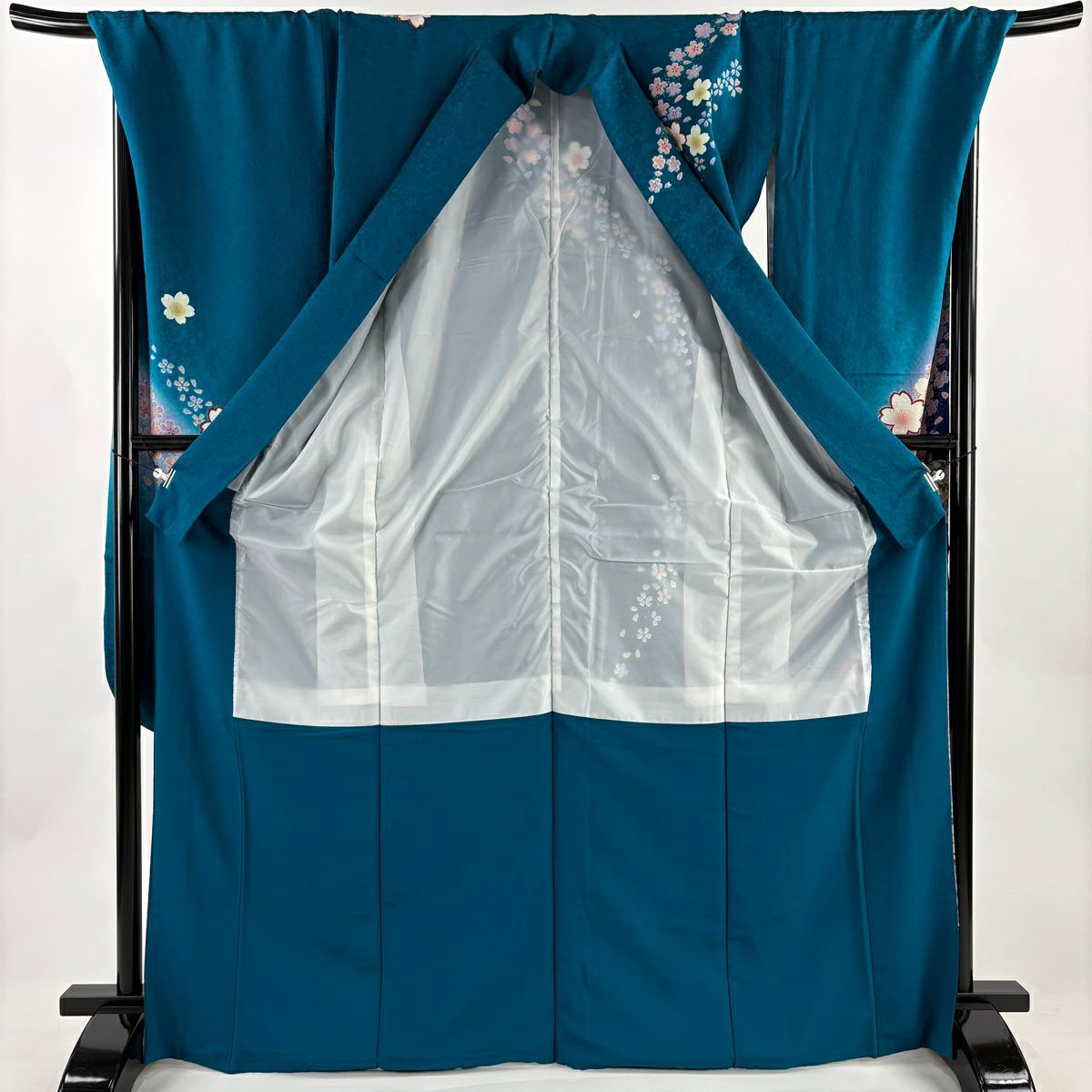振袖禮服 身長169.5cm 袖長72cm L 雙層 手鞠 櫻花 金銀彩 漸層 青綠 純蠶絲 名品級