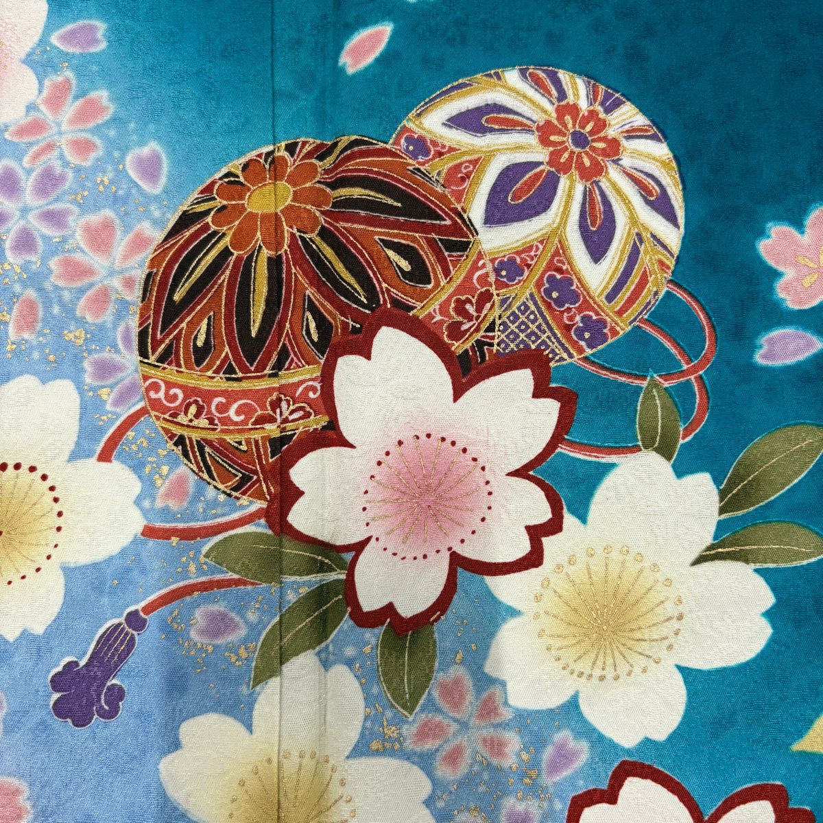 振袖禮服 身長169.5cm 袖長72cm L 雙層 手鞠 櫻花 金銀彩 漸層 青綠 純蠶絲 名品級