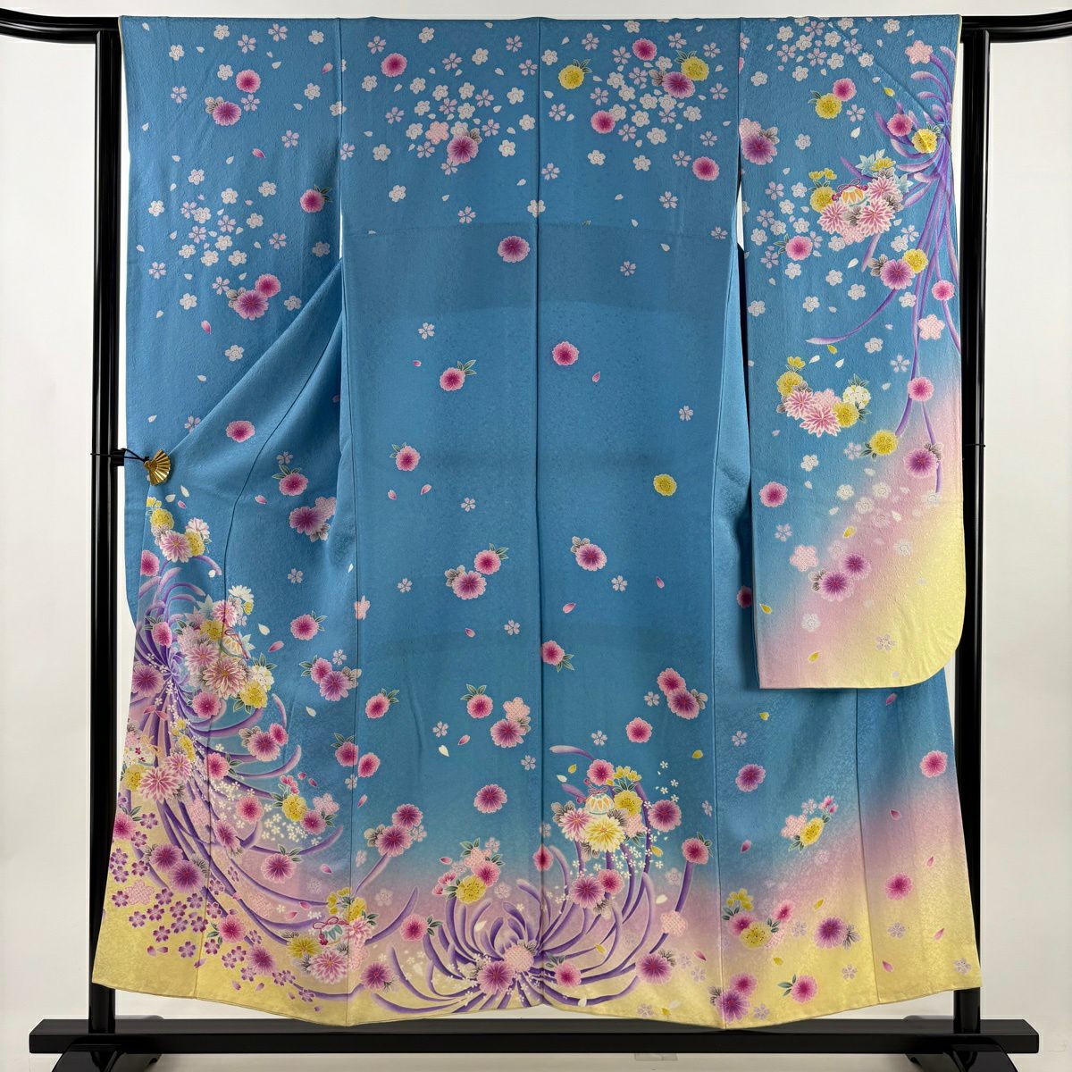 振袖禮服 身長153cm 袖長62cm S 雙層 菊花花 櫻花花 金絲 金銀彩 水色 純蠶絲 名品級